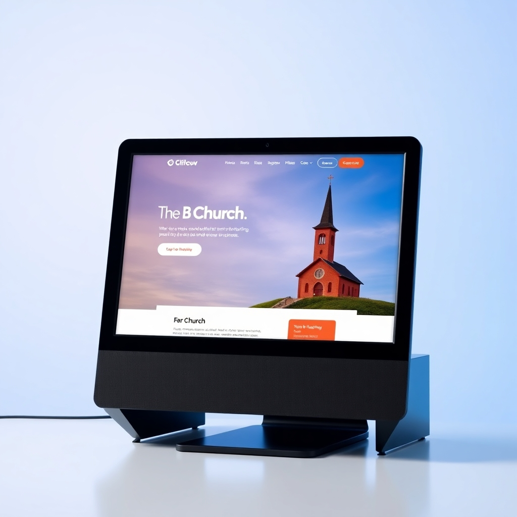 A photorealistic image of a church website landing page featuring a high-quality video showcasing a church event. The video is seamlessly integrated, with clear visuals and sound.  The page has a clean design, allowing the video to take center stage. The image conveys a sense of community and warmth.