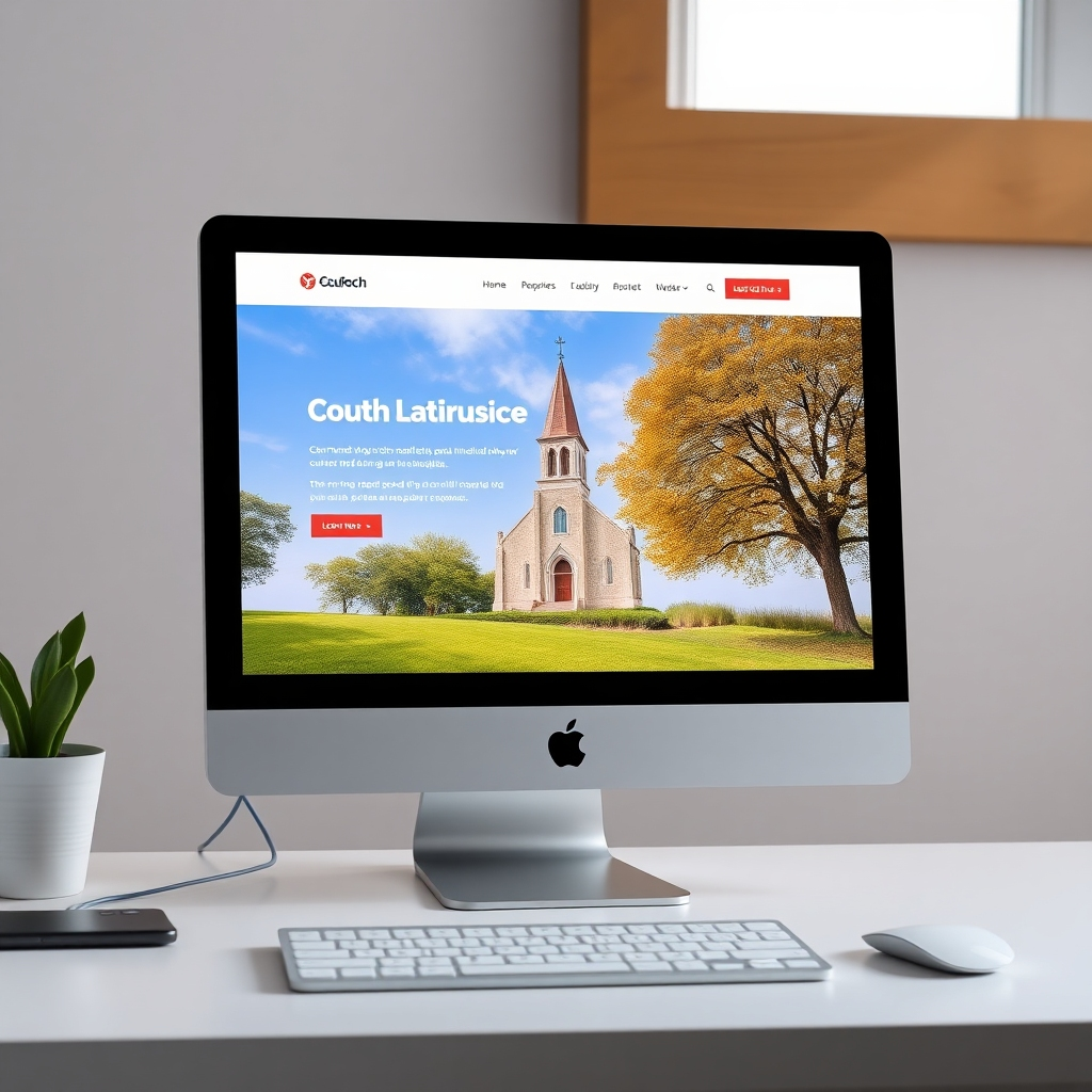 A photorealistic image of a church website landing page with a friendly AI chatbot interface integrated. The chatbot window displays a welcoming greeting and helpful options. The background shows a serene church setting. The image should feel approachable and technologically advanced.