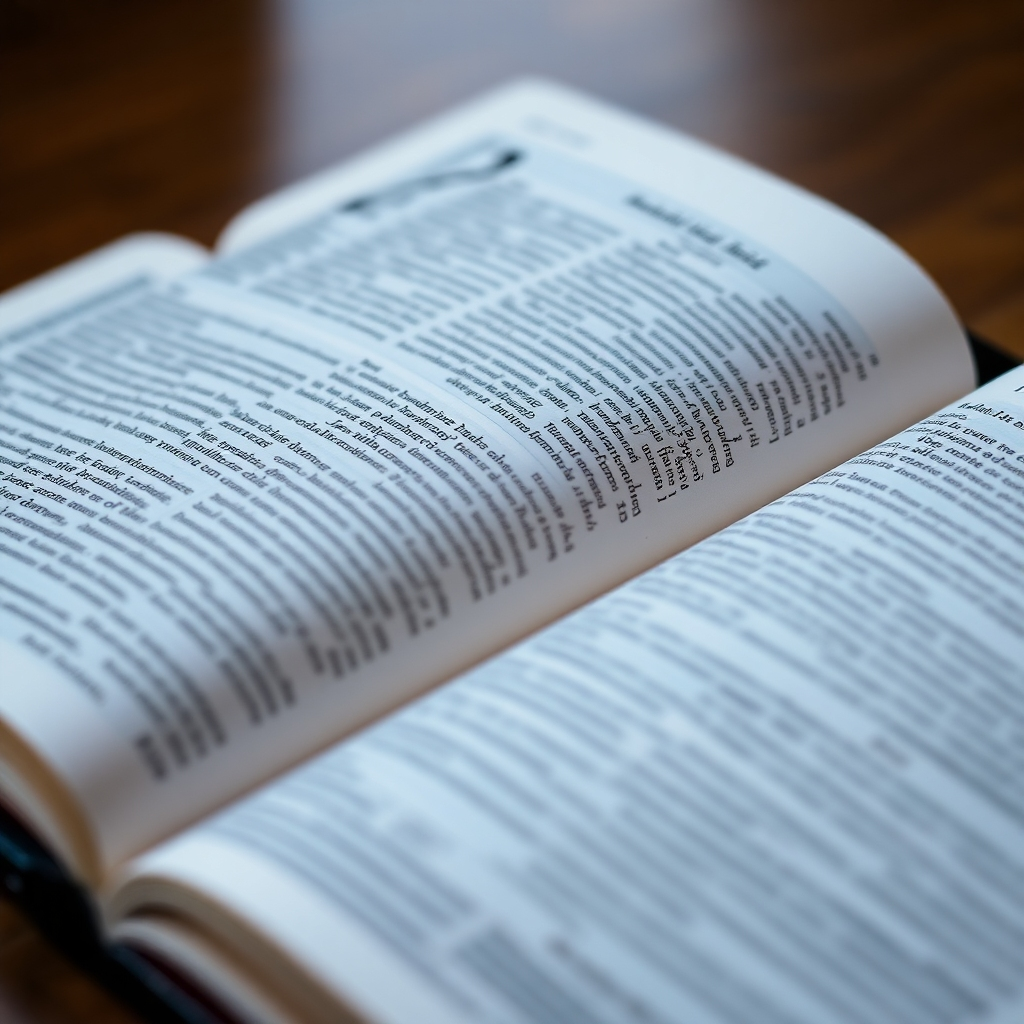 A photorealistic image of an open Bible with sunlight illuminating specific verses.  A hand gently rests on the Bible. The background includes soft-focus imagery suggesting a peaceful, reflective atmosphere, such as stained glass or a tranquil natural landscape.  High detail, emphasizing the texture of the Bible and the light on the text.