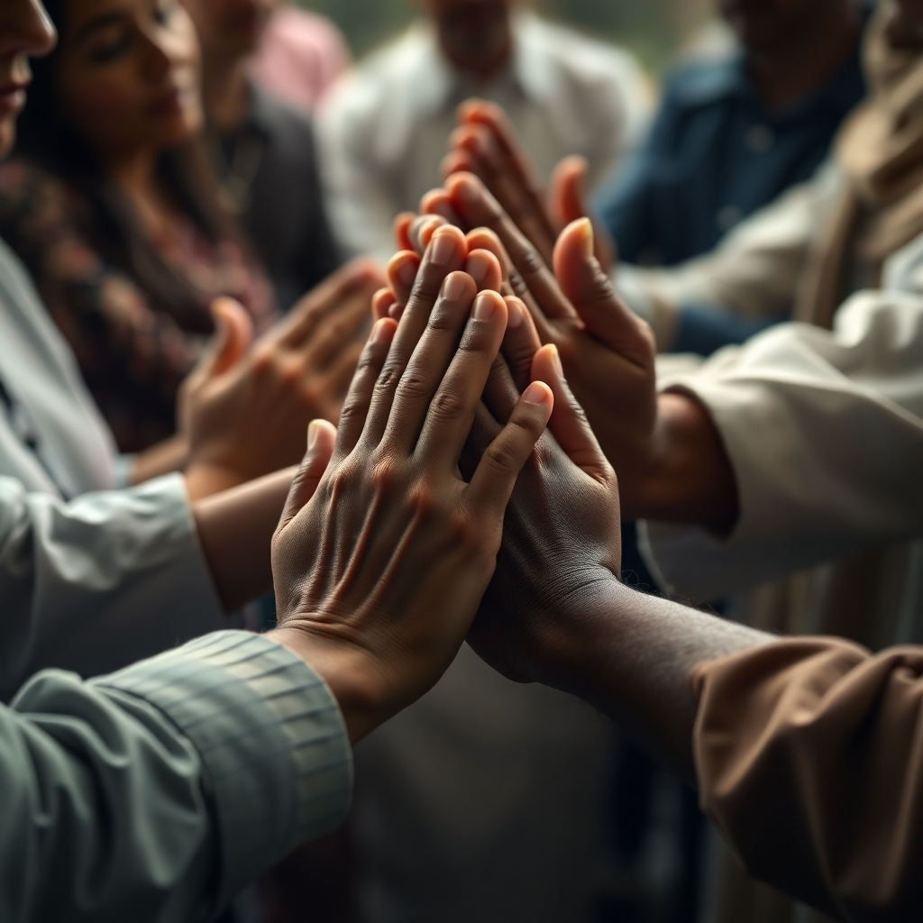 Photorealistic image: A close-up shot of the hands of various people linked together, perhaps praying or in a gesture of unity. Soft lighting, detailed textures, calm atmosphere, 4k resolution.
