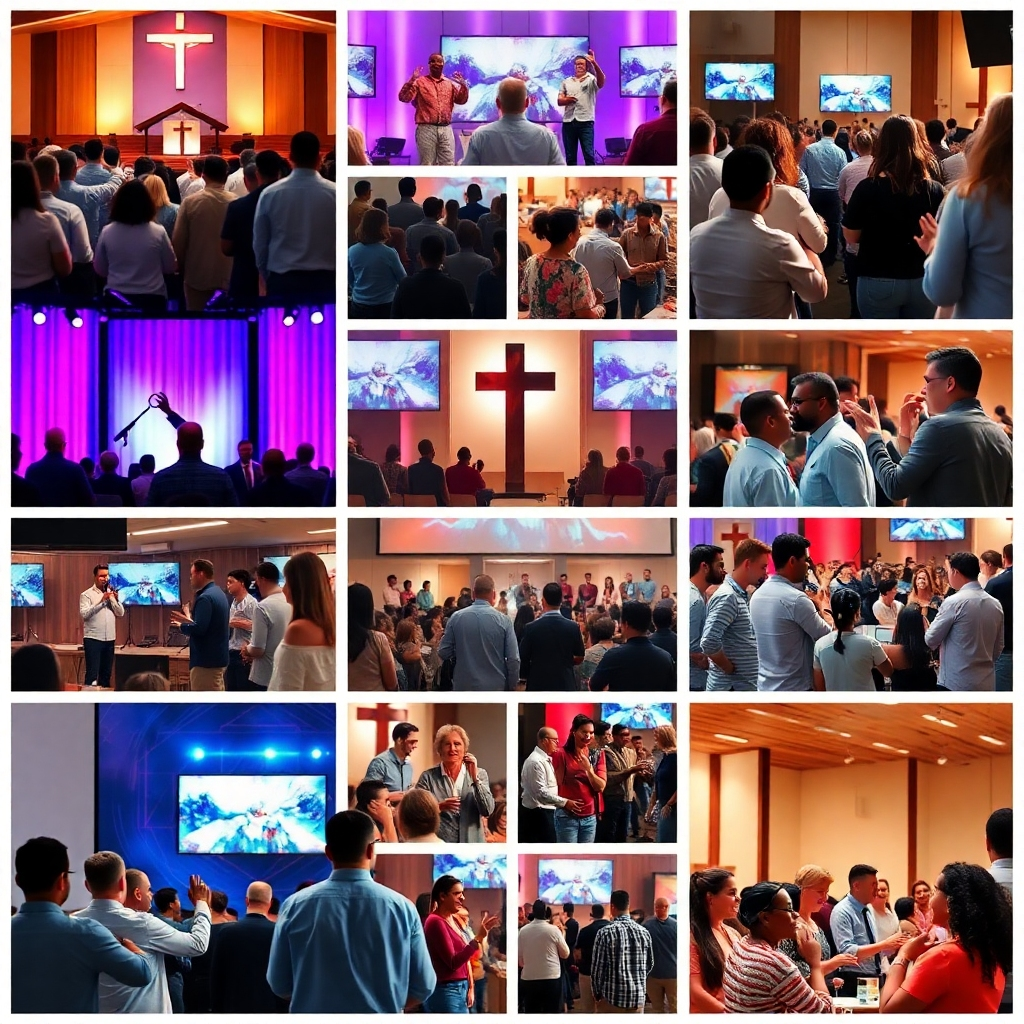 Photorealistic image: A collage of vibrant photos and videos depicting various church activities, including worship services, community outreach programs, and social gatherings. High quality, sharp images, dynamic and engaging layout, 4k resolution.