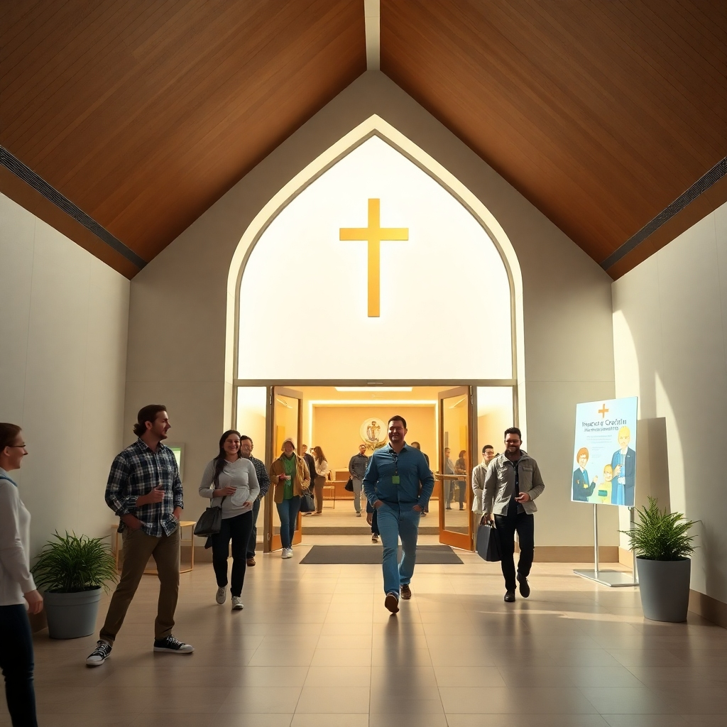 Photorealistic image: A wide shot of a modern and welcoming church entrance, with people smiling and walking in. Bright, inviting lighting, clear signage, 4k resolution.