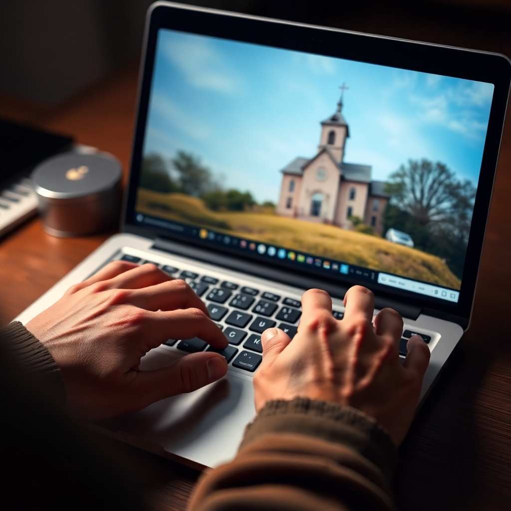 Photorealistic image: Hands typing on a laptop keyboard with a church-related image on the screen. The focus should be on the process of content creation. High-resolution image with soft lighting.