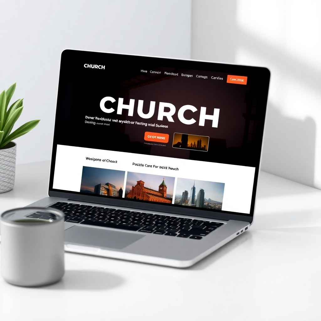 Photorealistic image: Mockup of a modern and visually appealing church website displayed on a laptop computer.  Clean design, easy navigation, high resolution.  Focus on aesthetics and user experience.