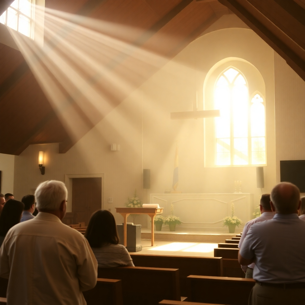 A photorealistic image of a diverse group of people, smiling warmly, sitting in a circle during a church small group meeting.  Soft, natural lighting, warm color tones. Focus on genuine connection and positive emotions.  The background should subtly show a church interior or a cozy community space. High resolution, detailed textures.
