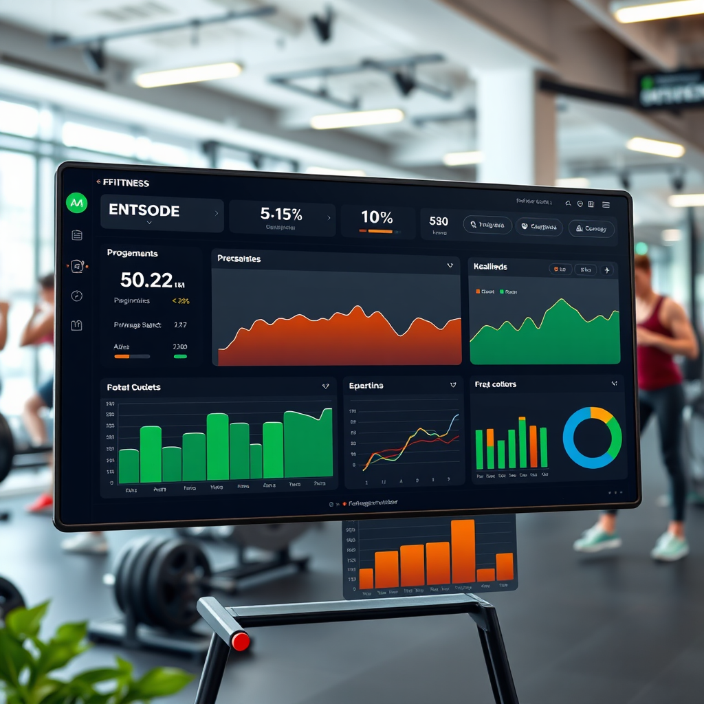 A photorealistic image of a fitness dashboard displaying performance metrics, graphs, and charts, tracking client progress. The background is a modern gym environment with active individuals.