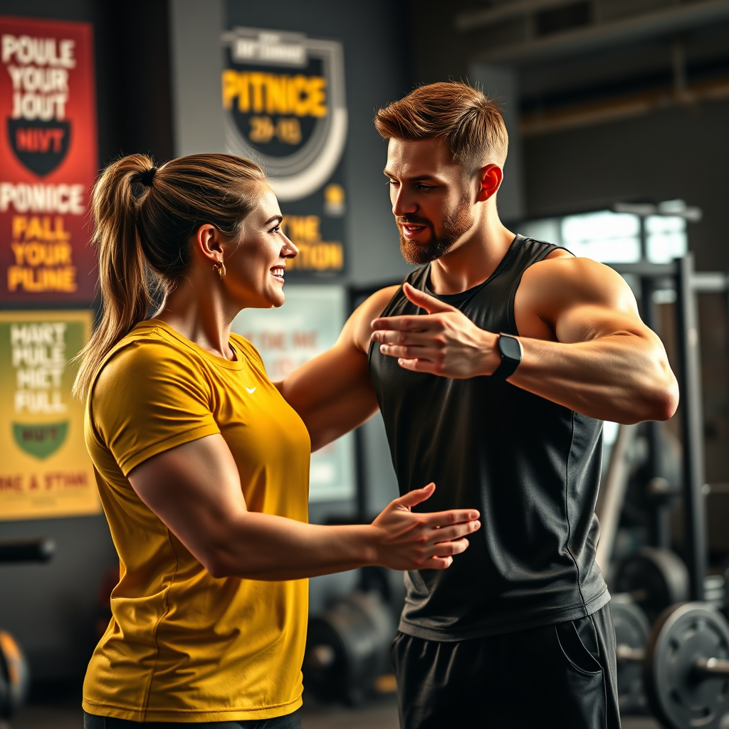 A photorealistic image showcasing a fitness trainer motivating a client with positive reinforcement and encouragement. The background is a modern gym with motivational posters and equipment. The lighting is warm and supportive, focusing on the trainer-client interaction. The color palette is inspiring and uplifting, using yellows and oranges to represent motivation and encouragement.
