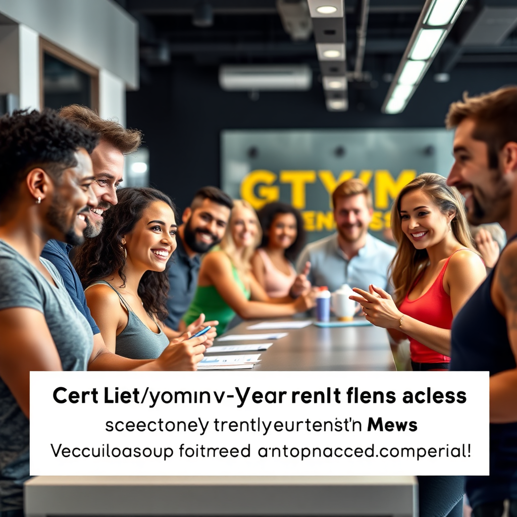 A photorealistic image showcasing a group of diverse individuals signing up for gym memberships, excited about the celebrity fitness programs offered. The background is a modern gym reception area. The lighting is bright and welcoming. The color palette is vibrant and inviting, representing the excitement of joining a new gym.