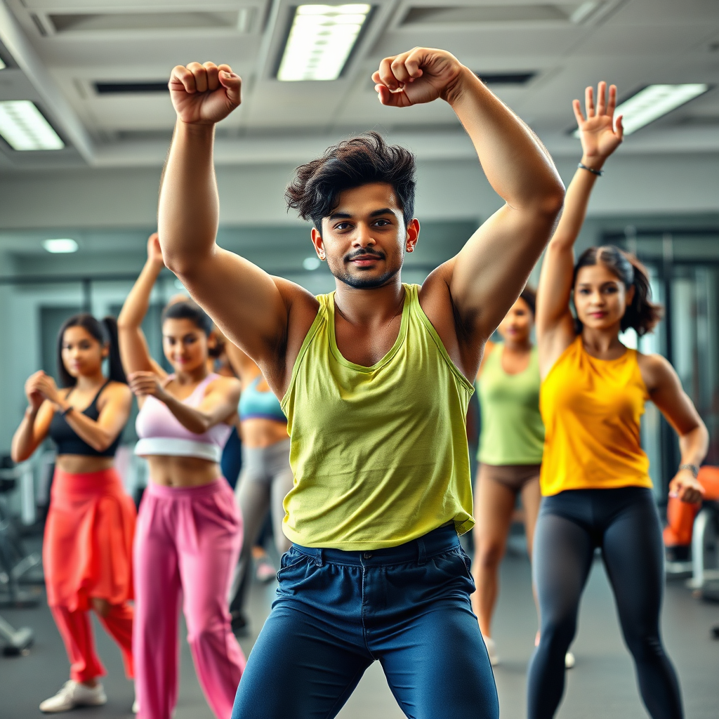 A photorealistic image showcasing a diverse group of people performing exercises inspired by Bollywood and Hollywood celebrities. The background is a modern gym with various fitness equipment. The lighting is energetic and focused on highlighting the exercises. The color palette is vibrant and inclusive, representing the diversity of the fitness community.