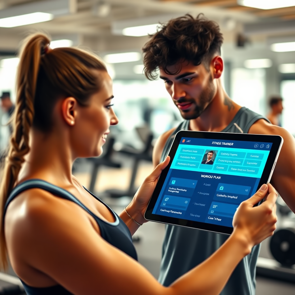 A photorealistic image showcasing a fitness trainer using a tablet to customize a celebrity-inspired workout plan for a client. The tablet displays a user-friendly AI interface with options to adjust exercise parameters. The background is a modern gym setting with various equipment. The lighting is bright and focused on the tablet and the trainer-client interaction. The color palette includes cool blues and greens for the AI interface and warm tones for the gym environment.