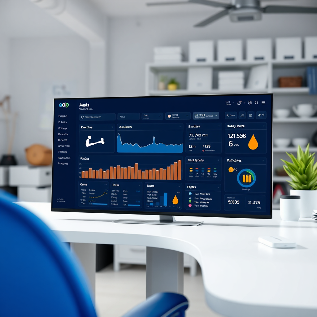 A photorealistic image showcasing the AI dashboard generating a complete workout plan in a matter of seconds. The dashboard displays various exercises, sets, and reps, along with nutritional information. The background is a clean and organized workspace. The lighting is bright and focused on the dashboard. The color palette is professional and efficient, using blues and whites.