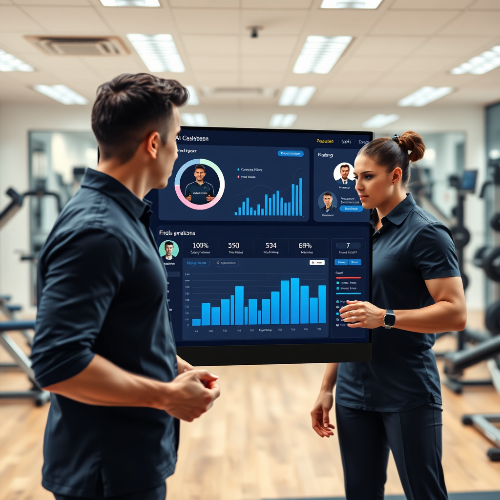 A photorealistic image showcasing the AI dashboard streamlining gym operations, with various staff members efficiently managing client fitness plans. The background is a well-organized gym office. The lighting is bright and efficient. The color palette is professional and streamlined, using blues and whites to represent efficiency and organization.