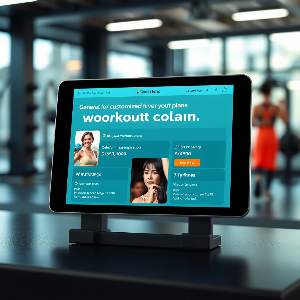 A photorealistic image showcasing the AI platform generating customized workout plans with celebrity fitness inspiration, displayed on a tablet. The background is a modern gym setting.