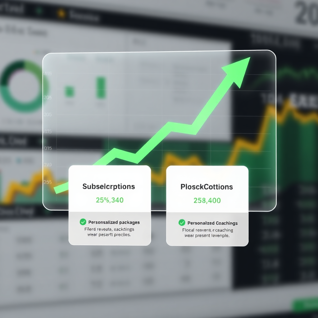 A stylized image depicting a chart showing an increase in revenue, with a holographic overlay displaying subscription packages and personalized coaching options. The background is a blurred image of a financial dashboard. The color palette is professional and successful, using greens and golds to represent revenue growth.