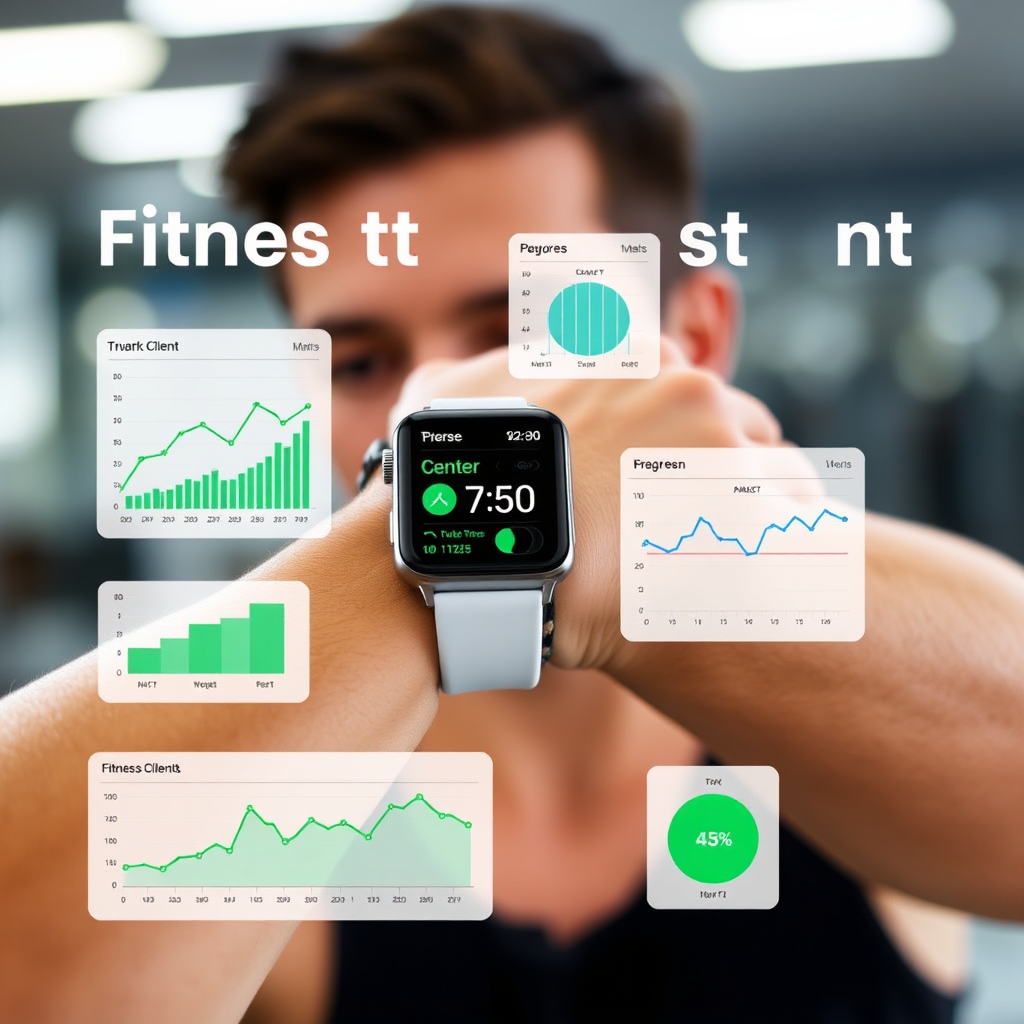 A stylized image depicting a fitness client wearing a smartwatch, with data visualizations (graphs and charts) overlaid on their image, showing their fitness progress. The background is blurred, suggesting movement and activity. The color palette is vibrant, using greens and blues to represent data and progress.