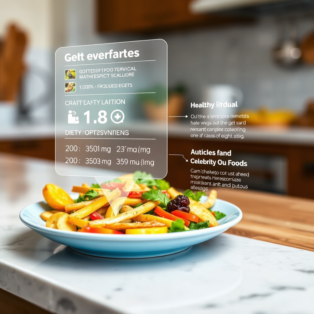 A stylized image depicting a plate of healthy and delicious food, with a holographic overlay displaying nutritional information and celebrity diet plans. The background is a blurred image of a kitchen. The color palette is fresh and inviting, using greens, yellows, and oranges to represent health and vitality.