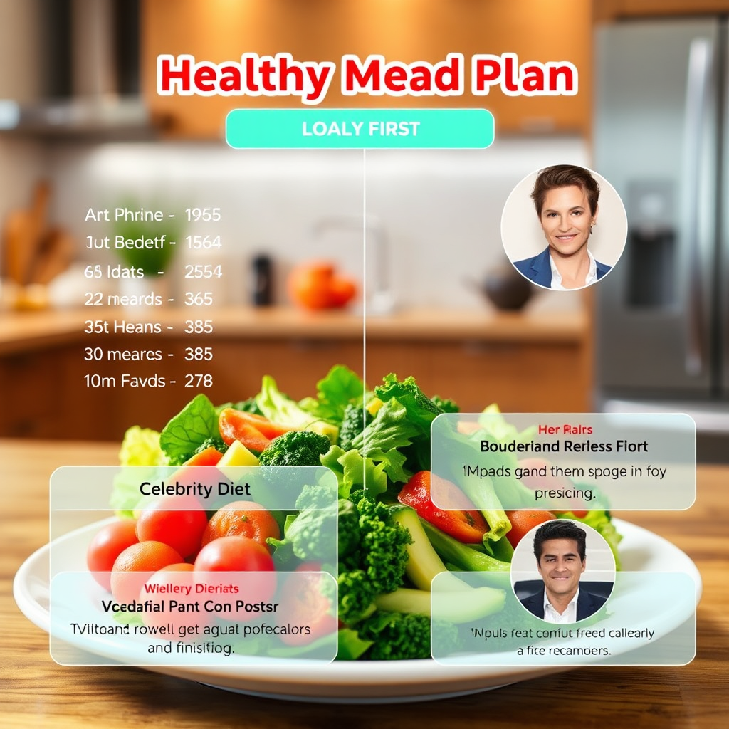 A stylized image of a healthy meal plan with holographic overlays displaying nutritional information and celebrity diet references. The background is a blurred image of a modern kitchen.