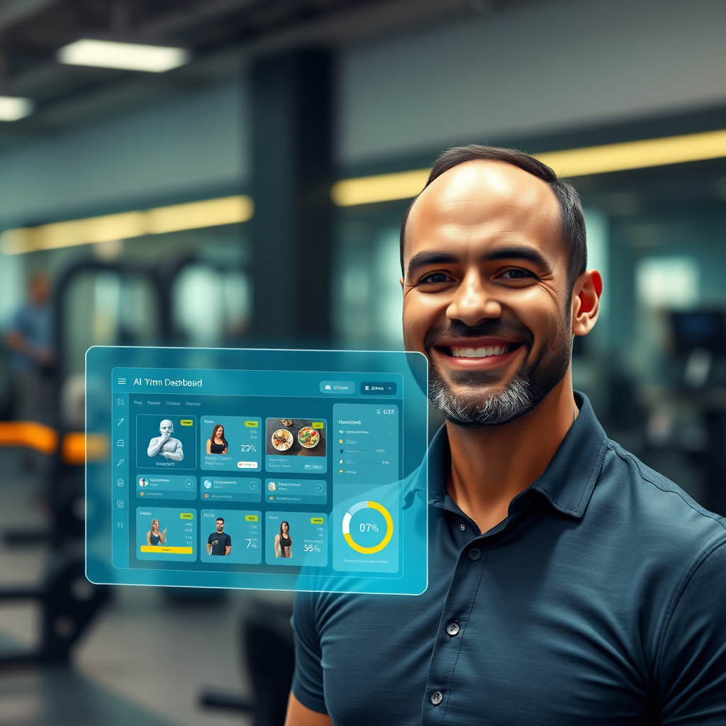 A stylized image representing the core mission of GrokSafe-Ai-Gym. The central figure is a gym owner smiling confidently, with a holographic projection of the AI dashboard displayed beside them. The dashboard showcases celebrity-inspired workout routines and diet plans. The background is a blurred image of a modern, well-equipped gym. The lighting is soft and inviting, with a focus on creating a sense of trust and innovation. The color palette should be a blend of professional blues and greens, with accents of vibrant yellows and oranges to represent energy and transformation. The camera angle should be a medium shot, focusing on the gym owner and the AI dashboard. Textures should be smooth and clean, conveying a sense of sophistication and ease of use. 4K resolution, high-quality rendering.