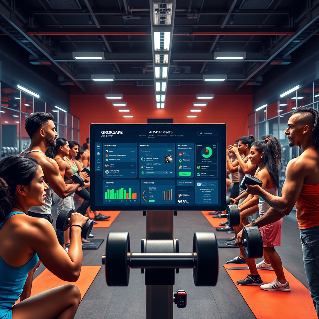 A vibrant and dynamic photorealistic image showcasing the GrokSafe-Ai-Gym platform in action. The central element is a sleek, modern AI dashboard displaying workout routines and nutritional plans inspired by Bollywood and Hollywood celebrities. Surrounding the dashboard are diverse individuals engaged in various exercises within a high-end gym setting. The lighting should be bright and energetic, with a focus on highlighting muscle definition and healthy physiques. The color palette should be a mix of cool blues and greens for the AI interface, contrasted with warm oranges and reds for the gym environment. The camera angle should be a wide shot, capturing the entire scene and emphasizing the integration of technology and fitness. Textures should be detailed, showcasing the high-quality equipment and the sweat on the athletes' faces. Props could include dumbbells, yoga mats, and smartwatches. Style references include modern fitness photography and tech interfaces. 8K resolution, hyperrealistic rendering.
