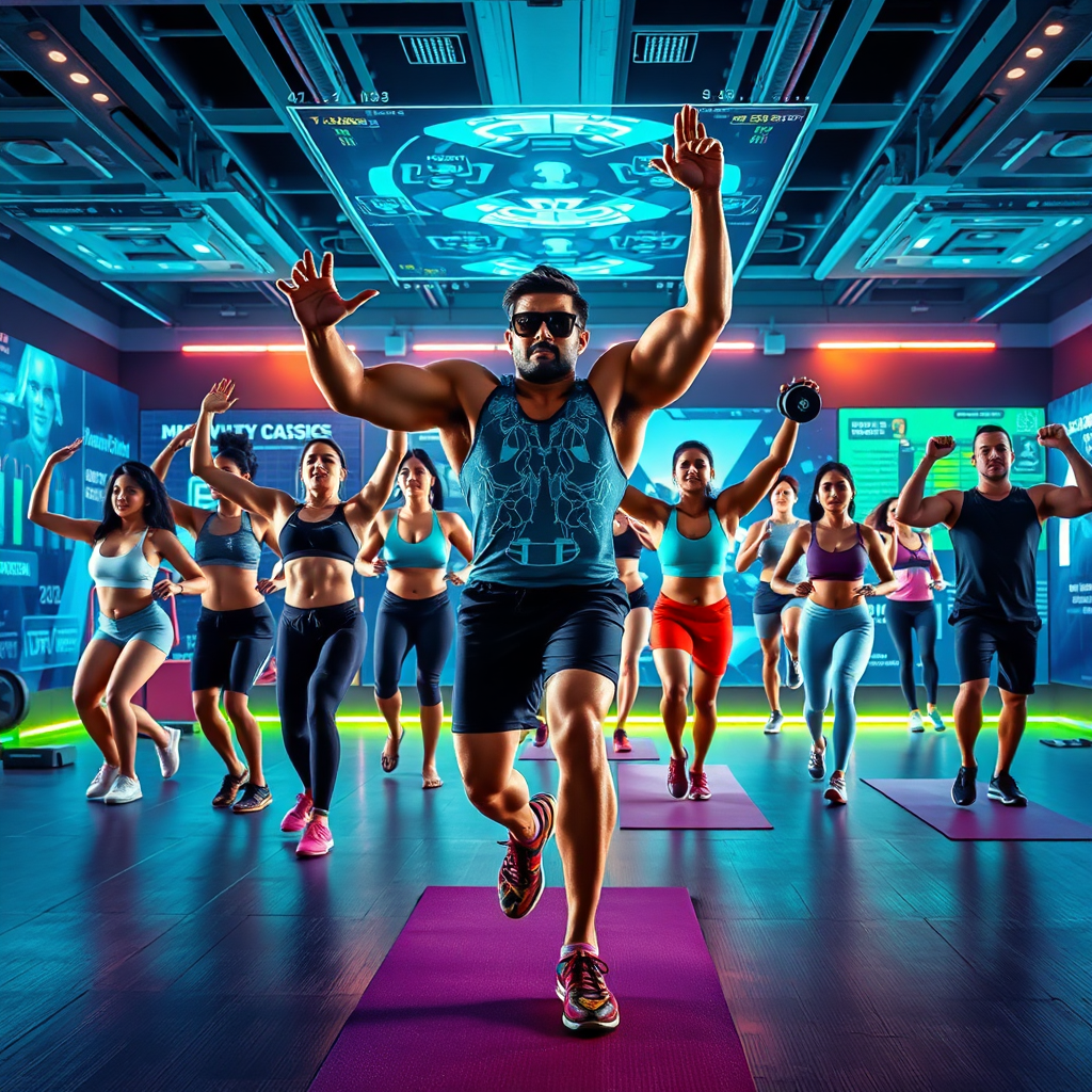 Create a 4K, high-quality image representing the core of MR Fitness. Depict a diverse group of individuals (various ages, body types, and ethnicities) engaging in different fitness activities – yoga, weightlifting, cardio – all guided by holographic projections of AI trainers resembling Salman Khan and The Rock. The setting is a vibrant, futuristic virtual gym with interactive displays and personalized data visualizations. The lighting is dynamic and motivational, with a color palette that blends energetic hues with calming blues and greens. The camera angle should be slightly elevated, showcasing the interconnectedness of technology and human potential. Style reference: blend the energy of a Bollywood dance number with the precision of a tech startup. Textures should be detailed but clean, representing a seamless integration of fitness and technology.