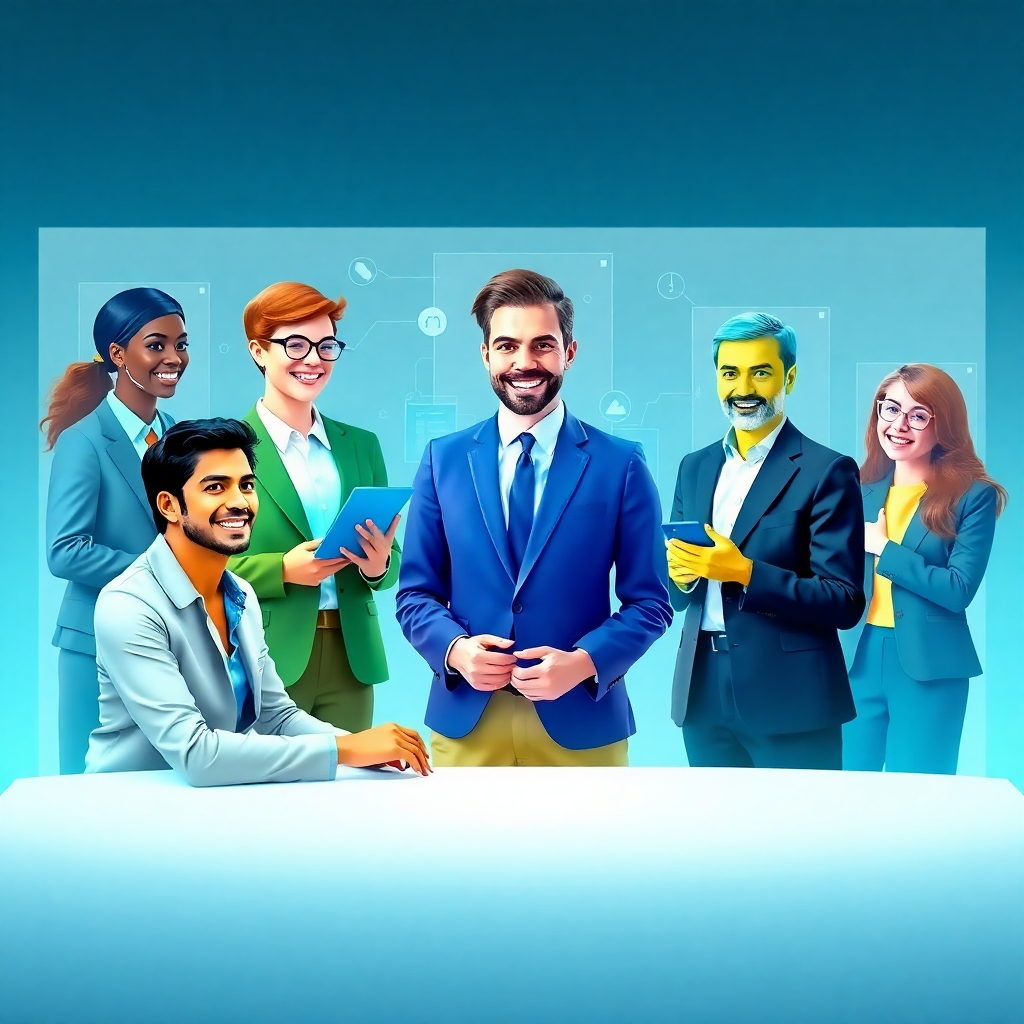 Create a 4K high-quality image showcasing the concept of AI empowerment. The scene is a stylized representation of diverse business professionals collaborating with holographic AI assistants designed to resemble well-known celebrities. The AI assistants are depicted as helpful and supportive, aiding in various tasks such as data analysis, project management, and customer interaction. The color palette is vibrant and optimistic, with a focus on blues, greens, and yellows. The background includes subtle geometric patterns and digital textures, symbolizing the interconnectedness of AI and human collaboration. The lighting is soft and diffused, creating a welcoming and collaborative atmosphere. Camera is positioned to capture the entire scene from a slightly elevated angle, emphasizing the teamwork and innovation.