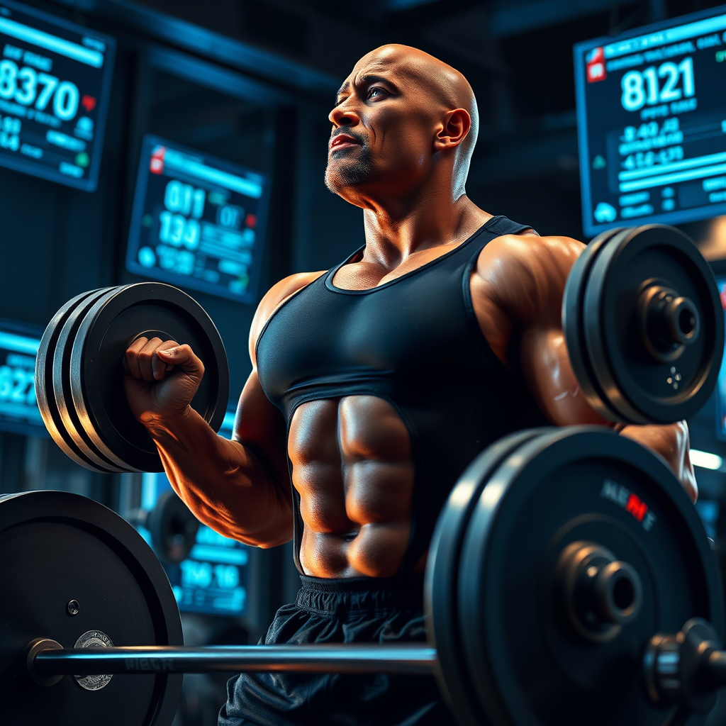 Create a dynamic and powerful image of an AI-generated Dwayne 'The Rock' Johnson mid-workout. He's lifting heavy weights in a high-tech gym, surrounded by holographic displays showing workout data. The lighting is dramatic and focused, emphasizing his muscular physique and intense determination. The image should motivate viewers to push their limits and achieve their strength goals.