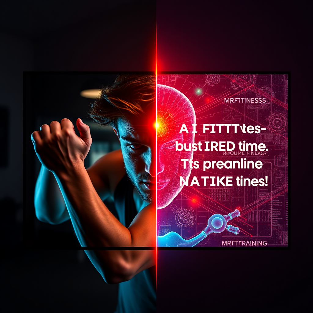 Create a dynamic image showing a split screen. On one side, a person struggling with a workout. On the other, the MR Fitness AI adjusting the workout in real-time to provide optimal challenge. The lighting is vibrant and motivational, highlighting the adaptive nature of the AI training.