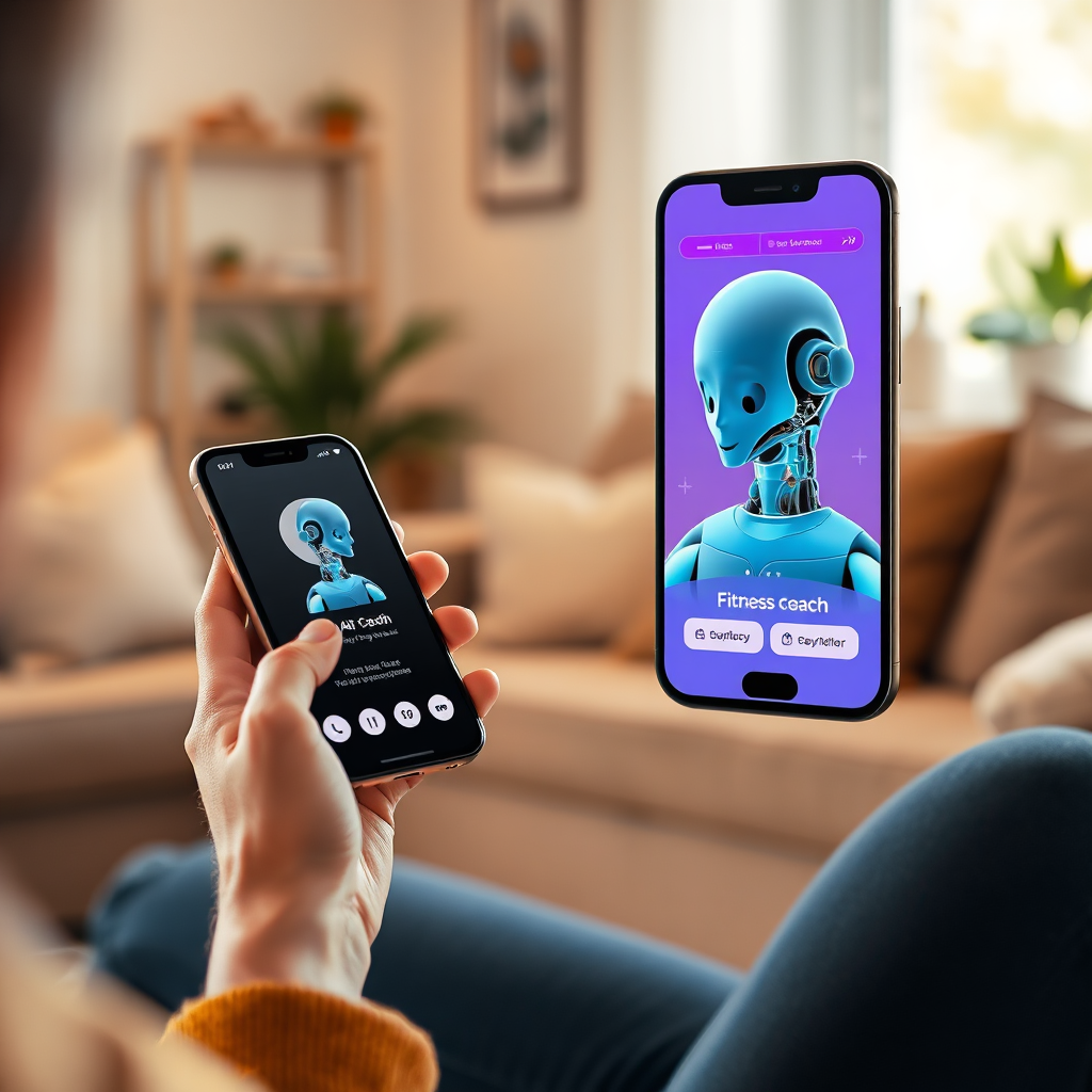 Create a friendly and accessible image of a person interacting with an AI fitness coach on their smartphone. The AI coach is represented by a friendly avatar, offering guidance and encouragement. The setting is a cozy and inviting living room, emphasizing the convenience of 24/7 AI support.
