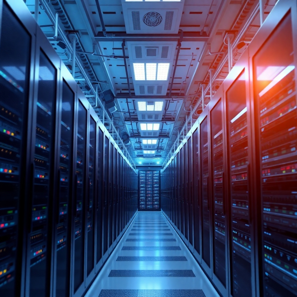 Create a futuristic image of a data center with AI systems seamlessly managing and scaling resources. The data center is filled with servers and networking equipment, all interconnected and optimized by AI. Use a cool and efficient color palette to convey a sense of reliability and scalability.