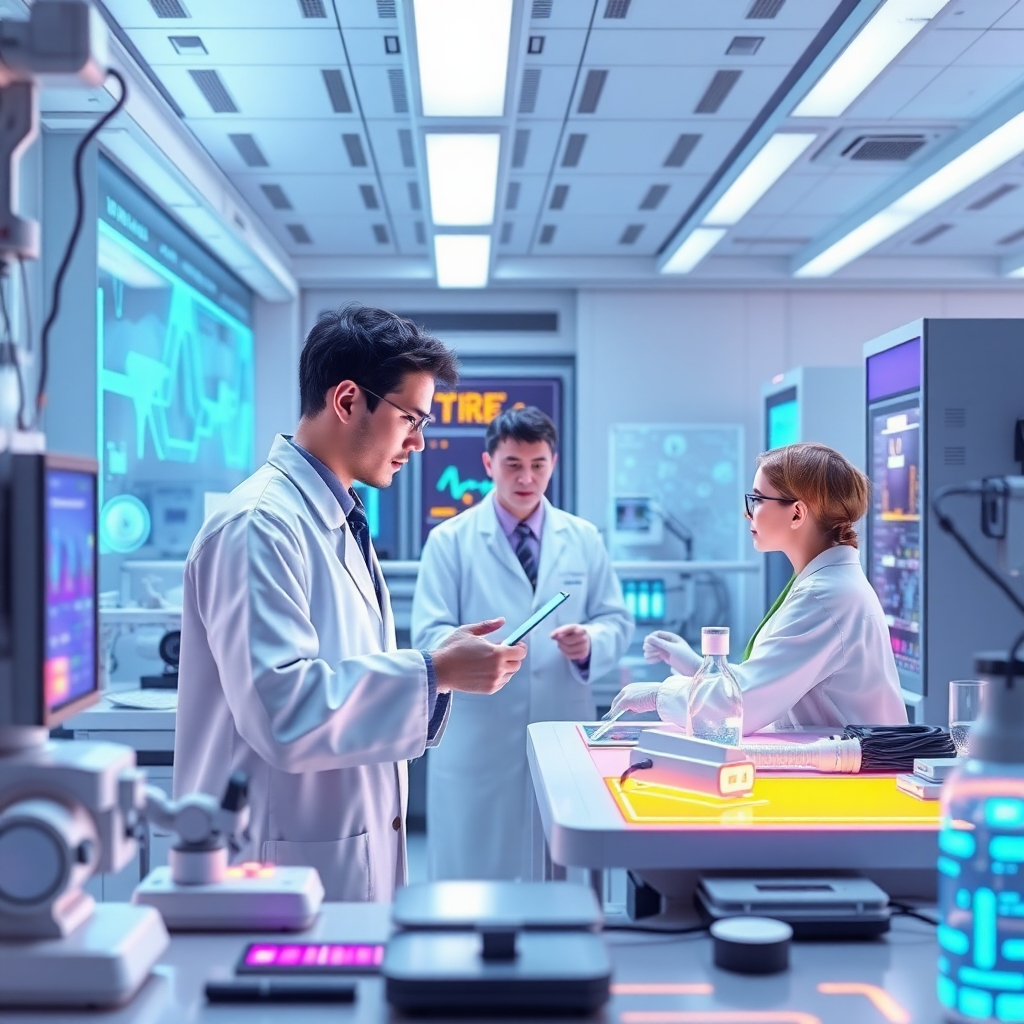 Create a futuristic image of an AI-powered research lab where scientists are collaborating with AI celebrity staff to develop new technologies. The lab is filled with advanced equipment and holographic displays. Use a bright and optimistic color palette to convey a sense of innovation and progress.