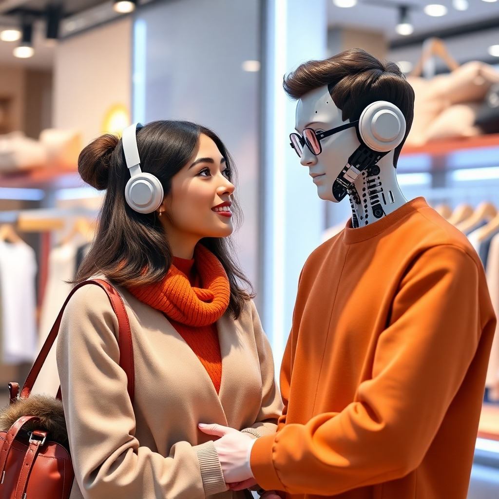 Create a photorealistic image of an AI celebrity staff member interacting with a customer on a virtual shopping platform. The AI persona is providing personalized product recommendations and assistance. Use a warm and inviting color palette to create a sense of connection and trust.