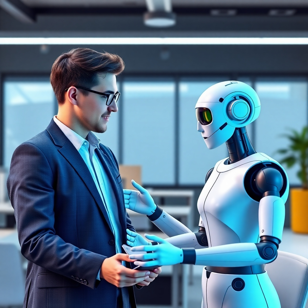 Create a photorealistic image of an employee collaborating with an AI celebrity staff member on a project. The AI persona is providing helpful assistance and automating repetitive tasks. Use a bright and optimistic color palette to convey a sense of teamwork and efficiency.