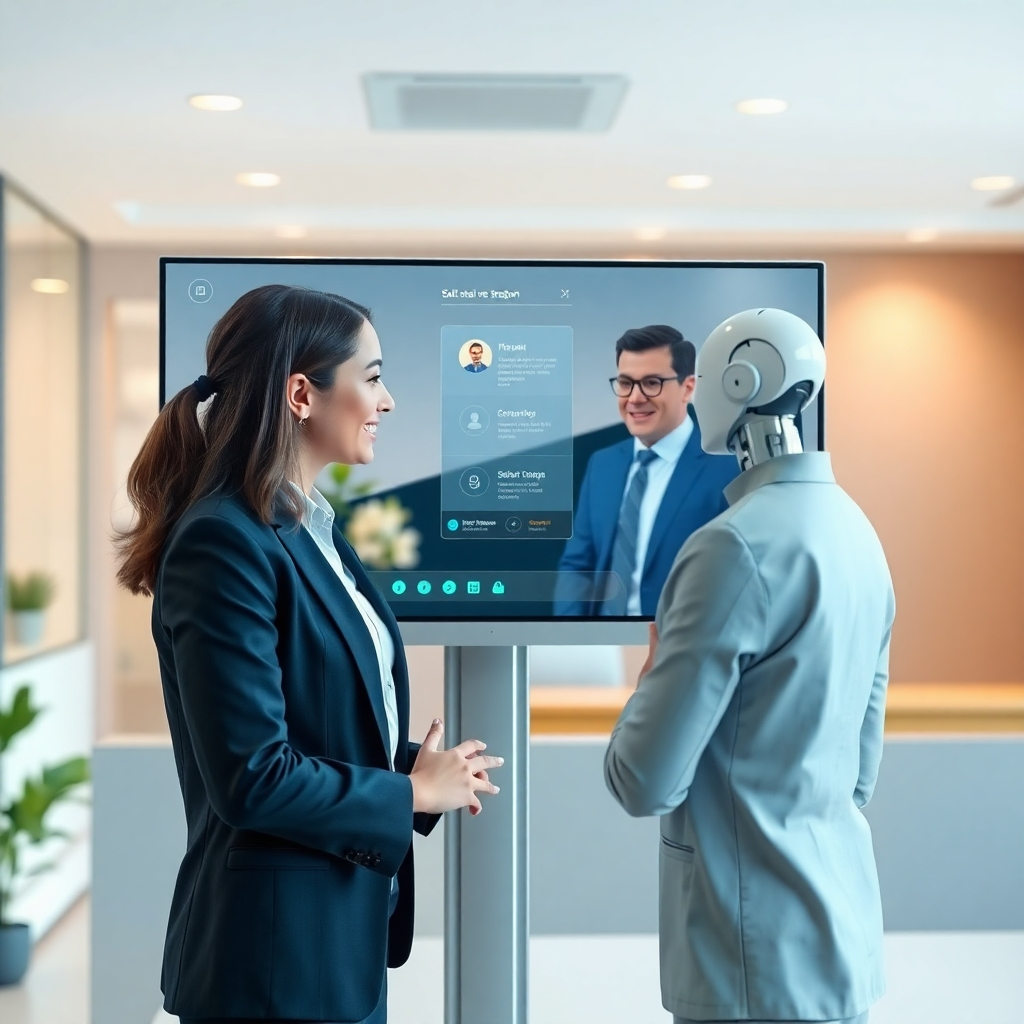 Create a photorealistic image of an AI celebrity staff member interacting with a customer on a virtual screen. The AI persona is engaging and empathetic, providing helpful assistance. The background should be a modern, clean office environment. Use soft, diffused lighting and a warm color palette to create a welcoming atmosphere. The image should convey a sense of trust and connection.