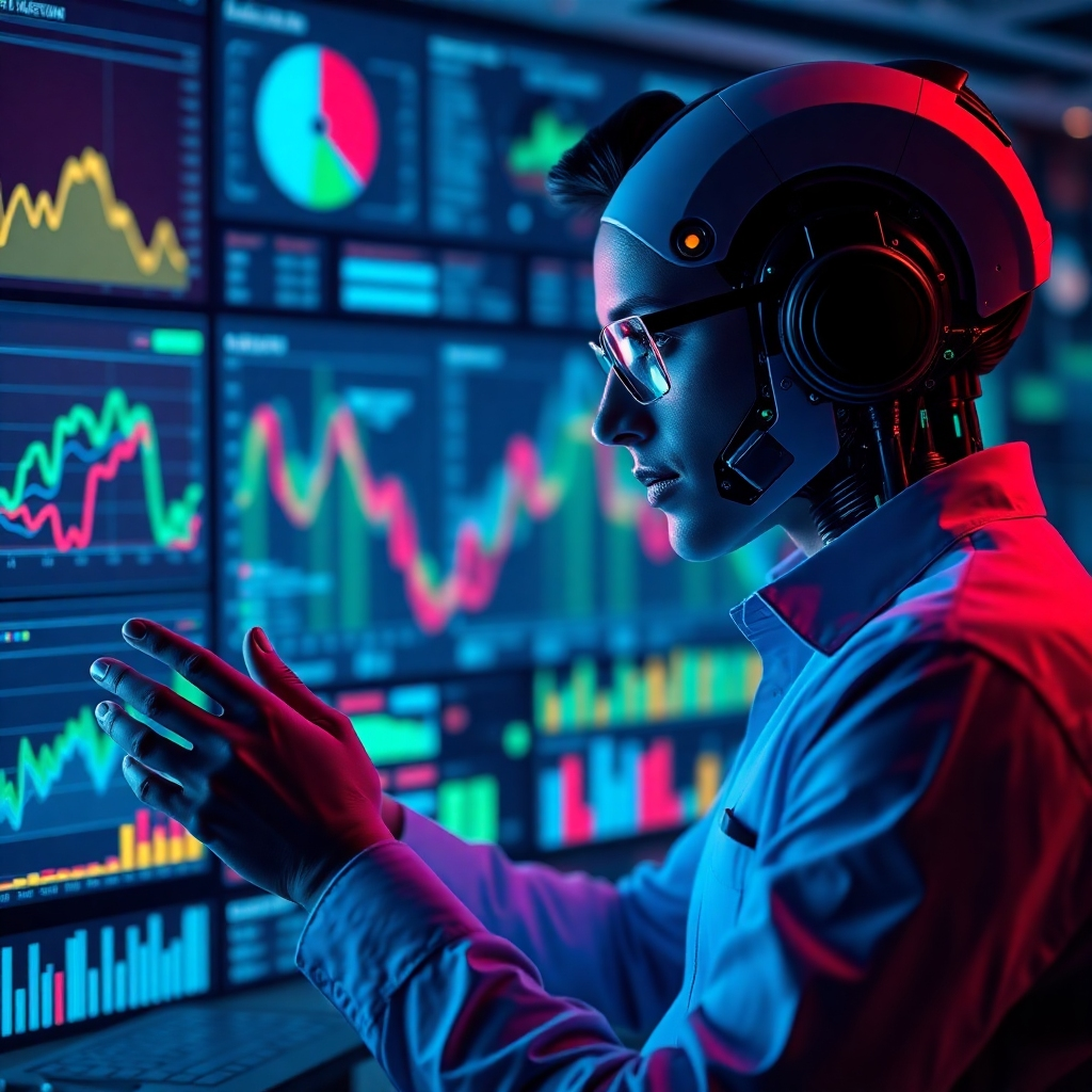 Create a photorealistic image of an AI celebrity staff member analyzing a complex data visualization. The AI persona is focused and intelligent, extracting key insights from the data. The background should be a sophisticated analytics dashboard with various charts and graphs. Use a vibrant color palette to highlight the data points.