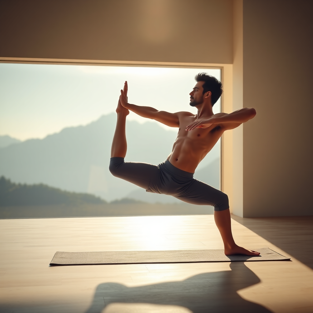 Create a photorealistic image of an AI-generated Salman Khan in a serene yoga pose. He's in a peaceful, sunlit studio overlooking a tranquil mountain range. The lighting is soft and warm, highlighting the details of his physique and the calming environment. Focus on conveying a sense of balance, strength, and mindfulness. The image should inspire viewers to embrace yoga for holistic fitness.