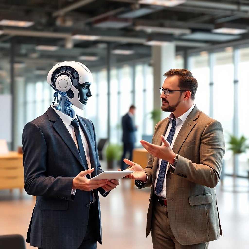 Create a photorealistic image of an AI consultant advising a business executive. The consultant is presenting data-driven insights and recommendations. The background should be a modern office environment with a focus on showcasing the collaboration between human and AI.