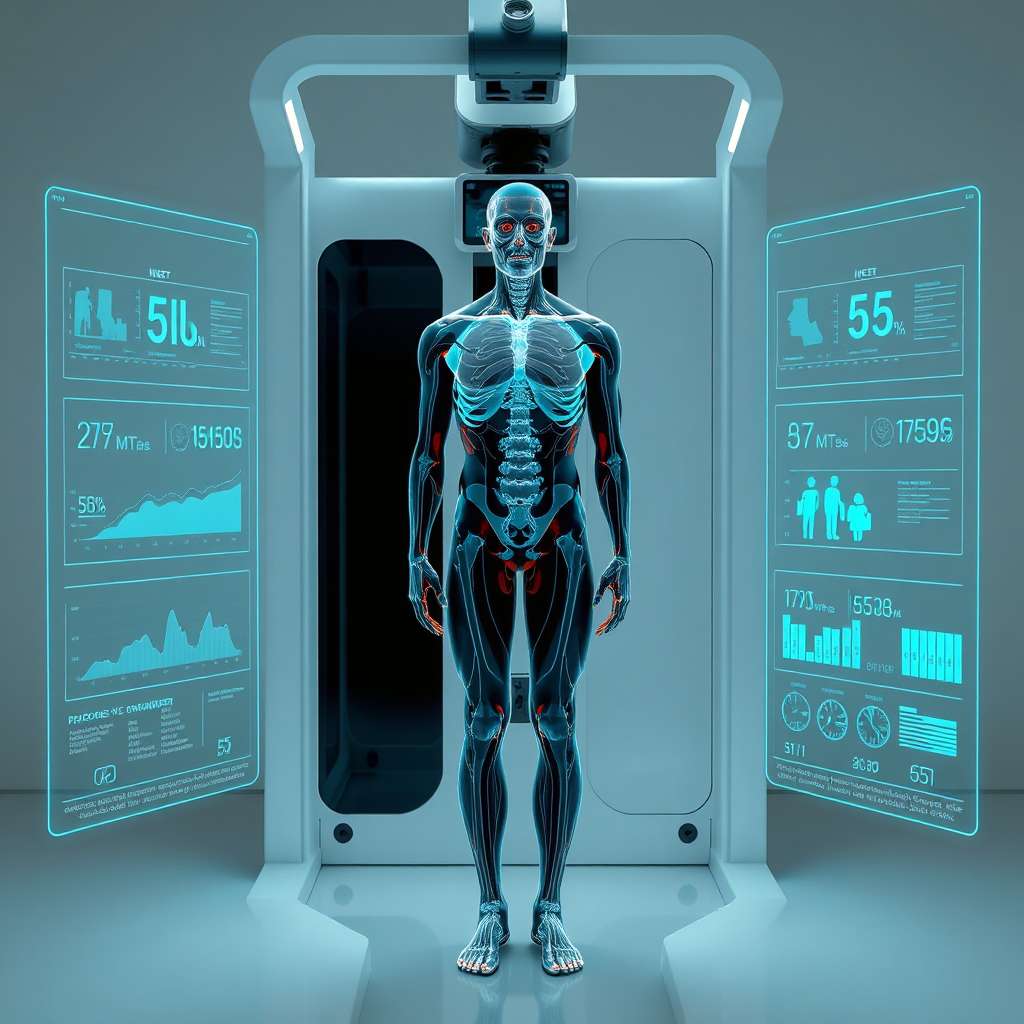 Create a photorealistic image of a person undergoing an AI fitness assessment. They're standing in front of a futuristic scanning device that analyzes their body composition, posture, and movement patterns. Holographic data visualizations surround them, displaying key fitness metrics. The lighting is clean and clinical, emphasizing the precision and accuracy of the AI analysis.