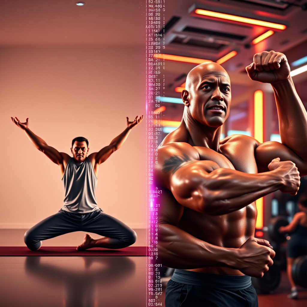Create a photorealistic, ultra-high-quality 8K header image for MR Fitness. The scene shows a split screen. On the left, a hyperrealistic AI version of Salman Khan in a yoga pose, radiating serenity and strength. He's in a modern, minimalist yoga studio with soft, diffused lighting. On the right, a hyperrealistic AI version of Dwayne 'The Rock' Johnson is mid-bicep curl, looking intensely focused in a high-tech, futuristic gym environment with dynamic lighting and metallic accents. In the center, subtle lines of code flow vertically, symbolizing AI integration. The color palette is vibrant yet balanced, with warm tones on Salman's side and cool tones on The Rock's. Camera angle: slightly low, emphasizing power and inspiration. Textures should be incredibly detailed – sweat droplets, muscle definition, fabric weave. The overall style is aspirational and cutting-edge, reflecting the fusion of Bollywood flair and advanced AI technology.