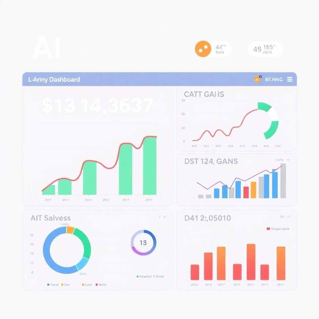 Create a stylized image of a business dashboard showcasing cost savings and efficiency gains achieved through AI implementation. The dashboard features charts and graphs that highlight the positive impact of AI on key performance indicators. Use a clean and professional color palette to convey a sense of trust and reliability.