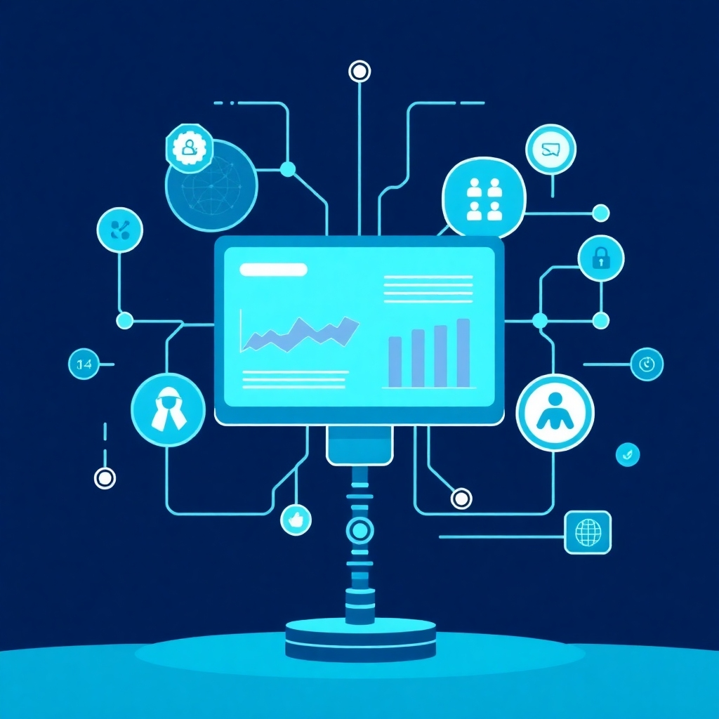 Create a stylized image of an AI system analyzing customer data to predict future behavior. The system is generating insights that help businesses make informed decisions. Use a cool and efficient color palette to convey a sense of accuracy and reliability.