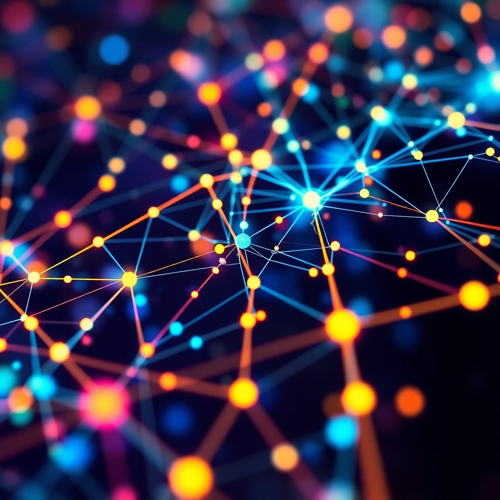 Create a stylized image of interconnected data points forming a complex network, symbolizing AI's ability to analyze and interpret vast amounts of information. Use a vibrant color palette to highlight the data streams and connections.