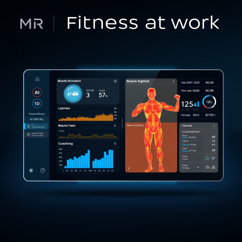 Create a stylized image showcasing the MR Fitness AI at work. Depict a futuristic interface displaying personalized workout data, including muscle activation maps, calorie tracking, and progress visualizations. The interface should be clean, intuitive, and visually engaging. The overall style is modern and tech-forward, reflecting the power and precision of AI-driven fitness.
