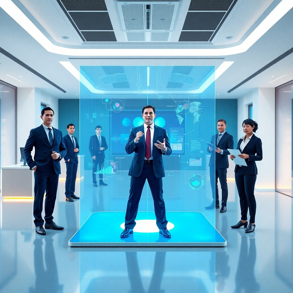 Create an 8K hyperrealistic wide-angle image. The scene depicts a modern, brightly lit corporate office. In the center, a holographic display showcases several photorealistic AI celebrity staff members in professional attire (business suit). These AI avatars are engaging in various business activities – one is presenting data, another is leading a virtual meeting, and a third is reviewing documents. The background includes subtle elements of advanced technology, such as neural network diagrams and data streams. The overall color palette is clean and modern, with blues, whites, and accents of vibrant colors to highlight the AI displays. Soft, diffused lighting emphasizes the realistic details of the AI avatars. Style is ultra-modern and sleek, evoking a sense of innovation and professionalism. Camera positioned to capture the entire scene from a slightly elevated angle. Emphasize realism.