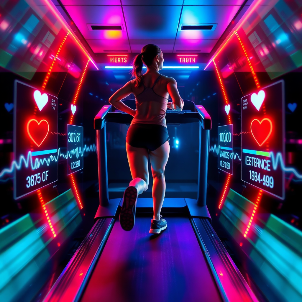 Create an energetic image of a person running on a treadmill, surrounded by holographic displays showing their heart rate, speed, and distance. The lighting is dynamic and motivational, conveying a sense of speed and exhilaration. The image should inspire viewers to improve their endurance and cardiovascular health.