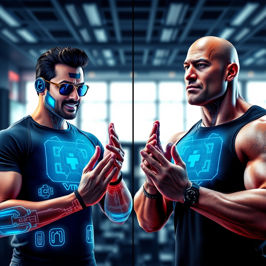 Create an image featuring stylized AI representations of Salman Khan and The Rock guiding users through workouts. The image should blend celebrity charisma with futuristic technology.
