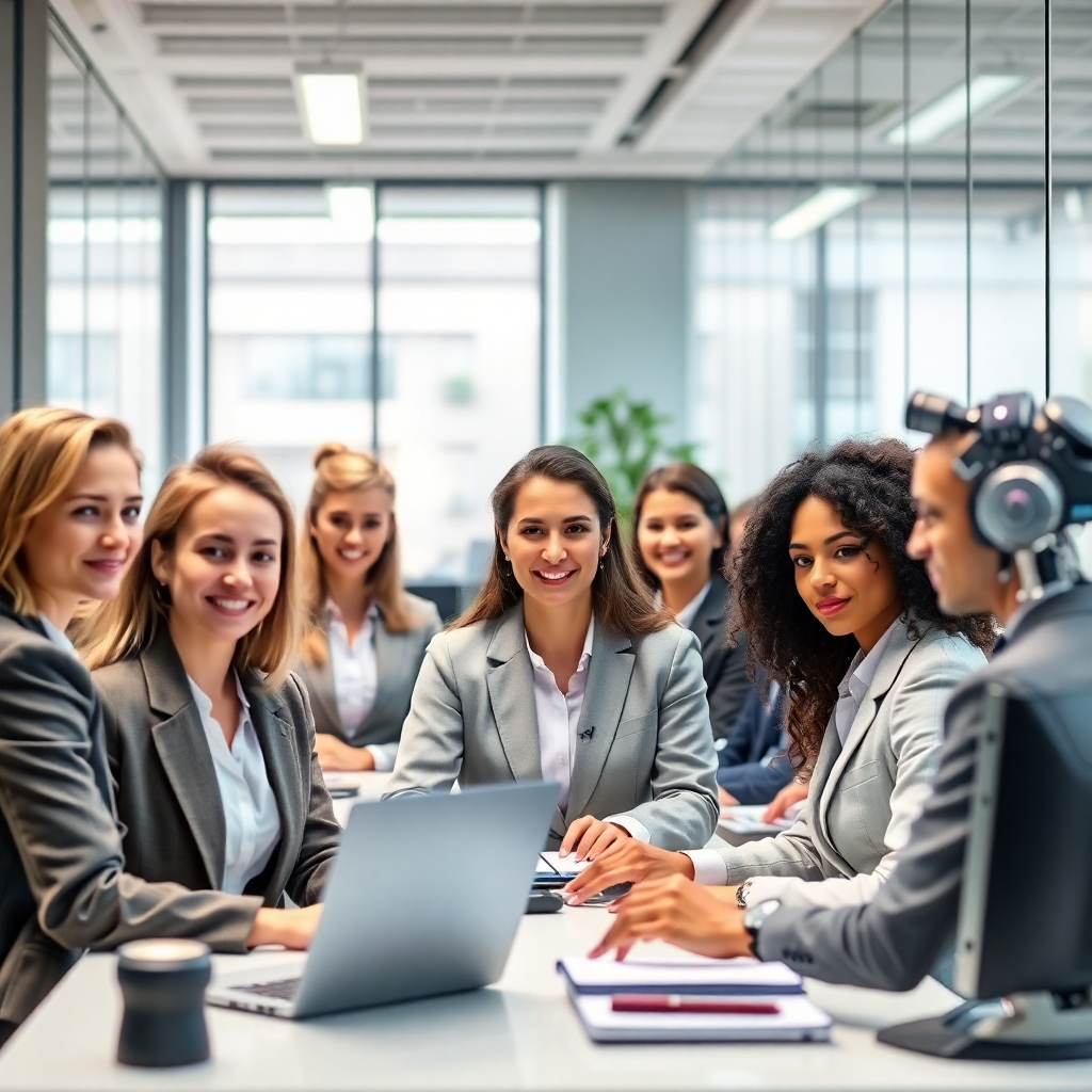 Create an image of various AI celebrity staff members working in different professional roles within a modern office setting. Show diversity in tasks and appearances. The lighting should be bright and professional, with a focus on showcasing the realism of the AI personas.