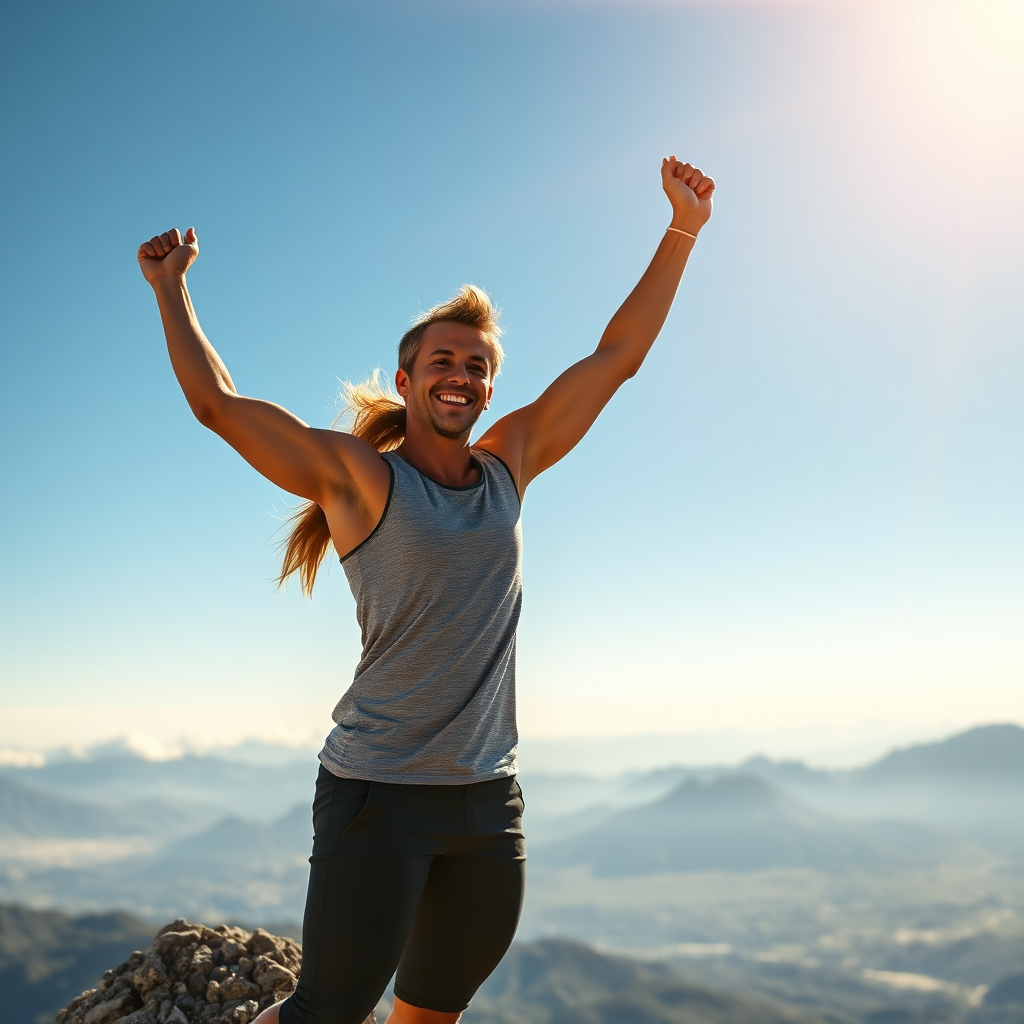 Create an uplifting image of a person celebrating their fitness success. They're standing on a mountaintop, overlooking a breathtaking landscape, with a triumphant expression on their face. The lighting is golden and warm, symbolizing accomplishment and personal growth. The image should inspire viewers to pursue their fitness goals with passion and determination.