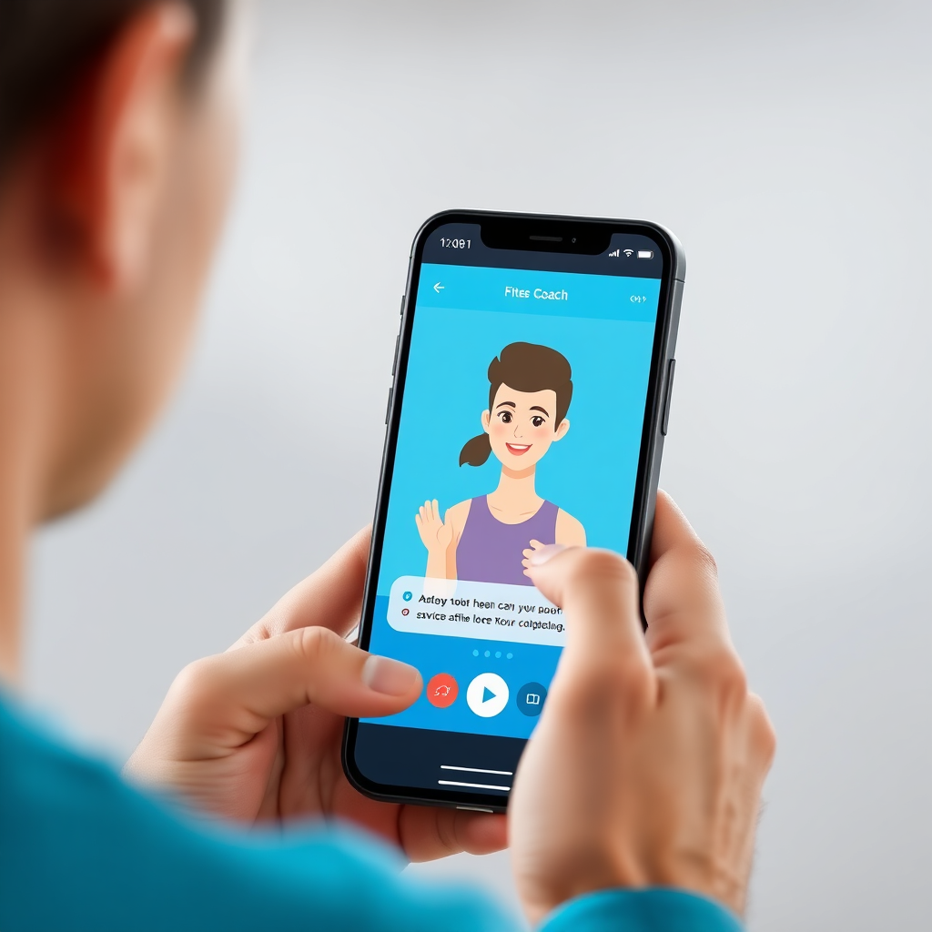 Depict a user interacting with an AI fitness coach on their mobile device. The coach is represented by a friendly avatar, offering personalized advice and encouragement.
