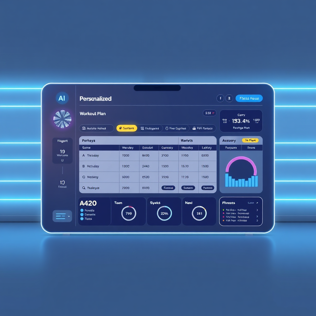 Visualize a futuristic interface displaying a personalized workout plan with interactive elements and data visualizations. A sleek, minimalist design emphasizes the AI-driven customization process.
