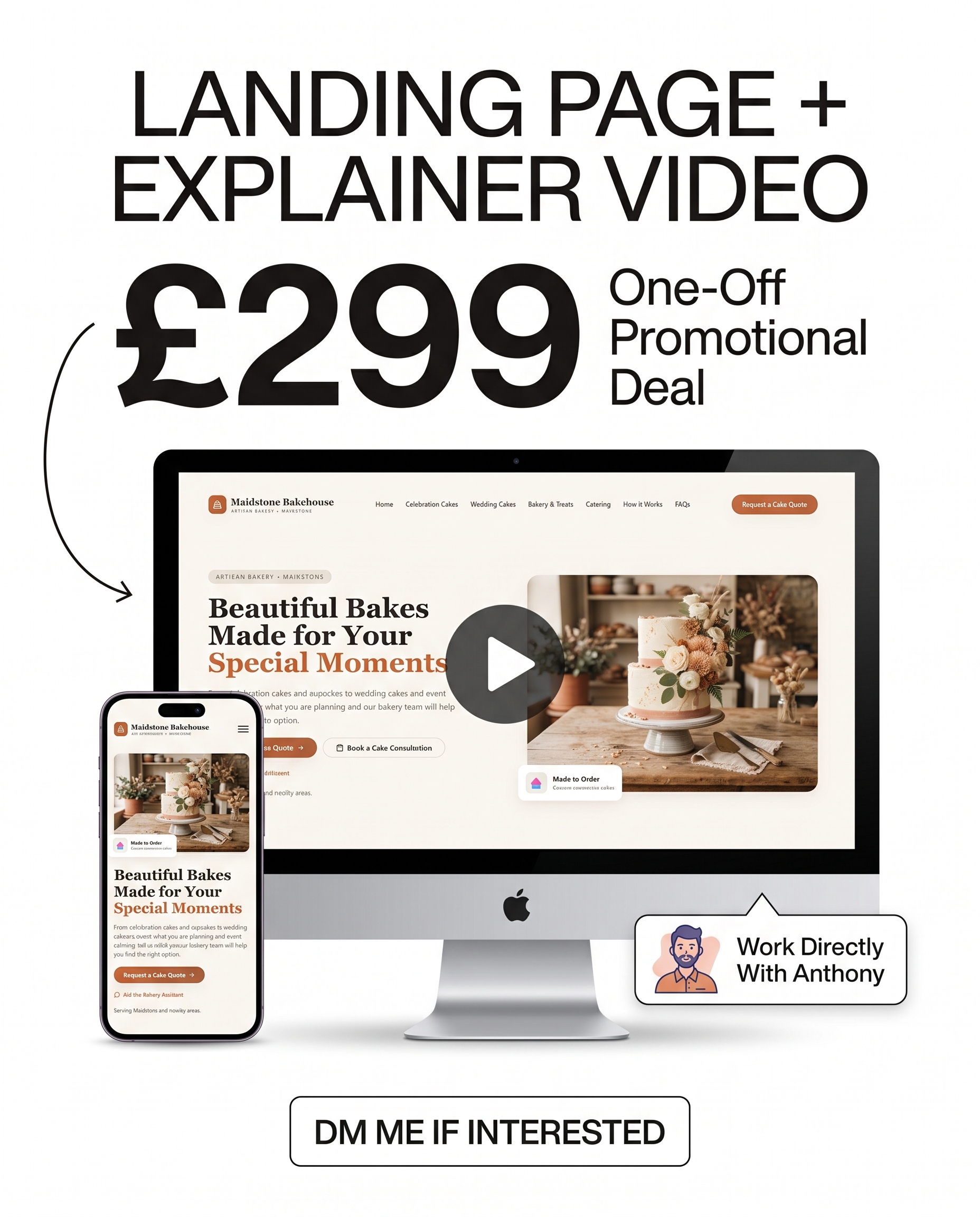 Desktop and mobile landing page mockup showing an explainer video